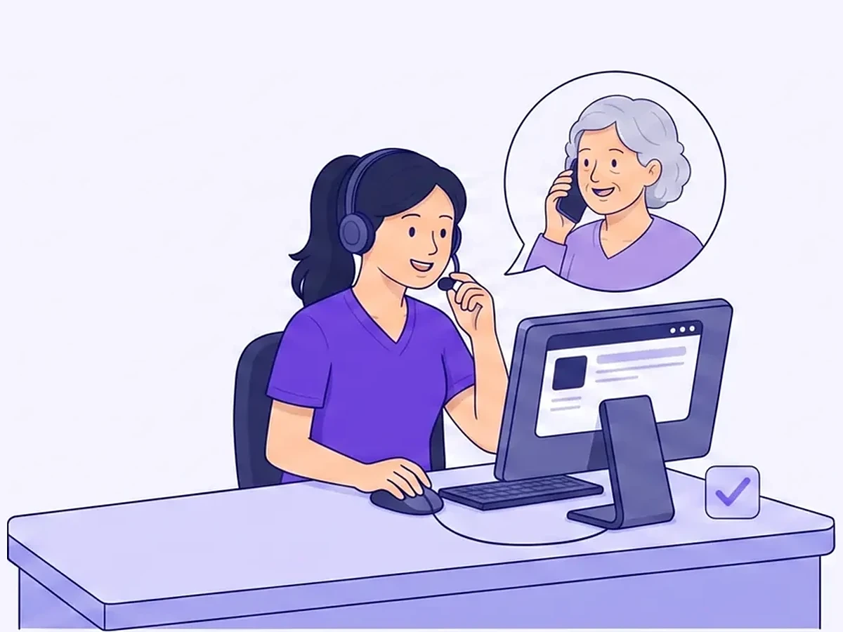 PEC360 illustration of routine healthcare administrative work completing automatically while an employee focuses on a meaningful patient interaction